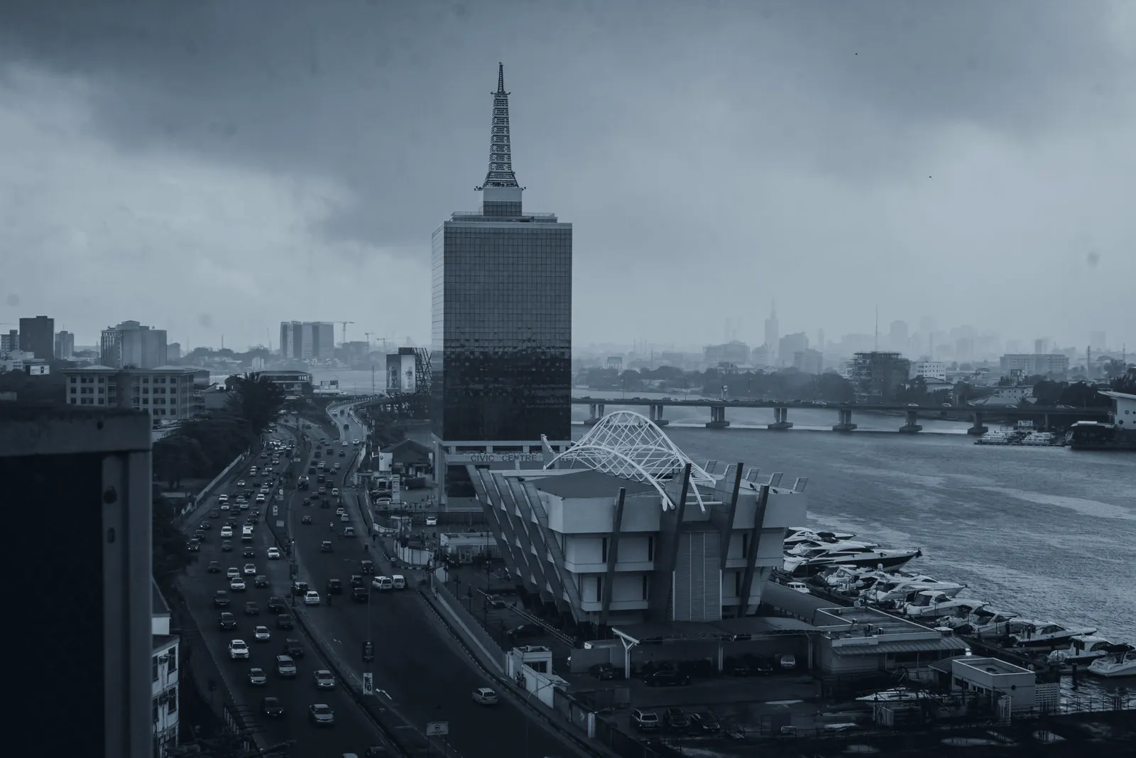 A city skyline in black and white