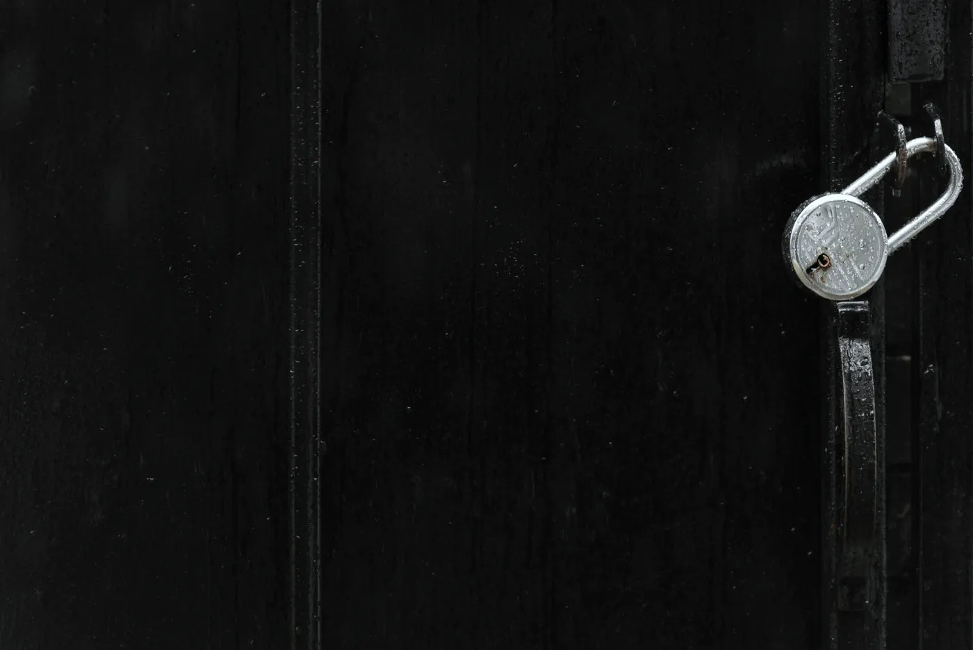 A silver padlock on a black gate